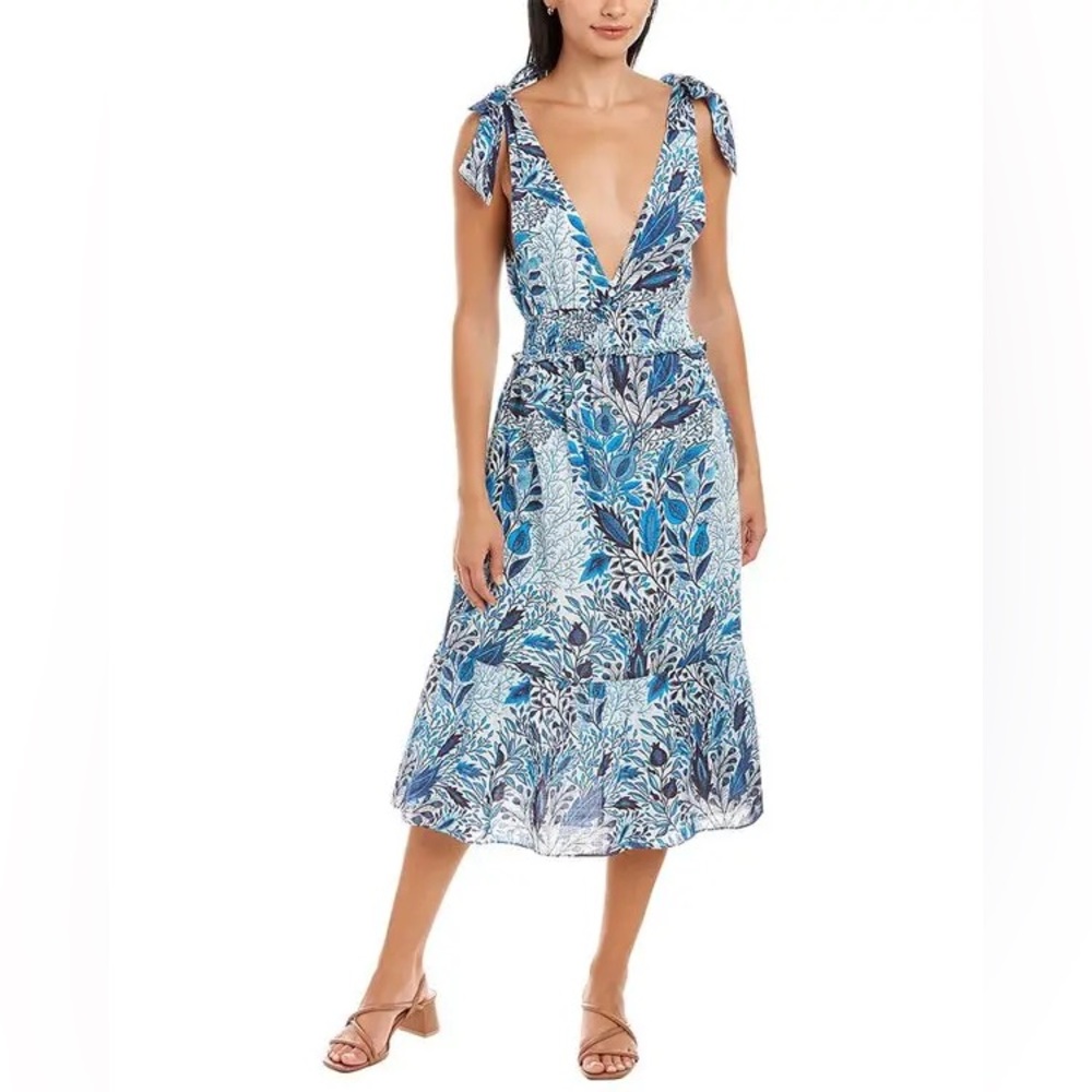 Celina Moon Tie-Shoulder Midi Dress in Blue White Botanical Floral M Medium